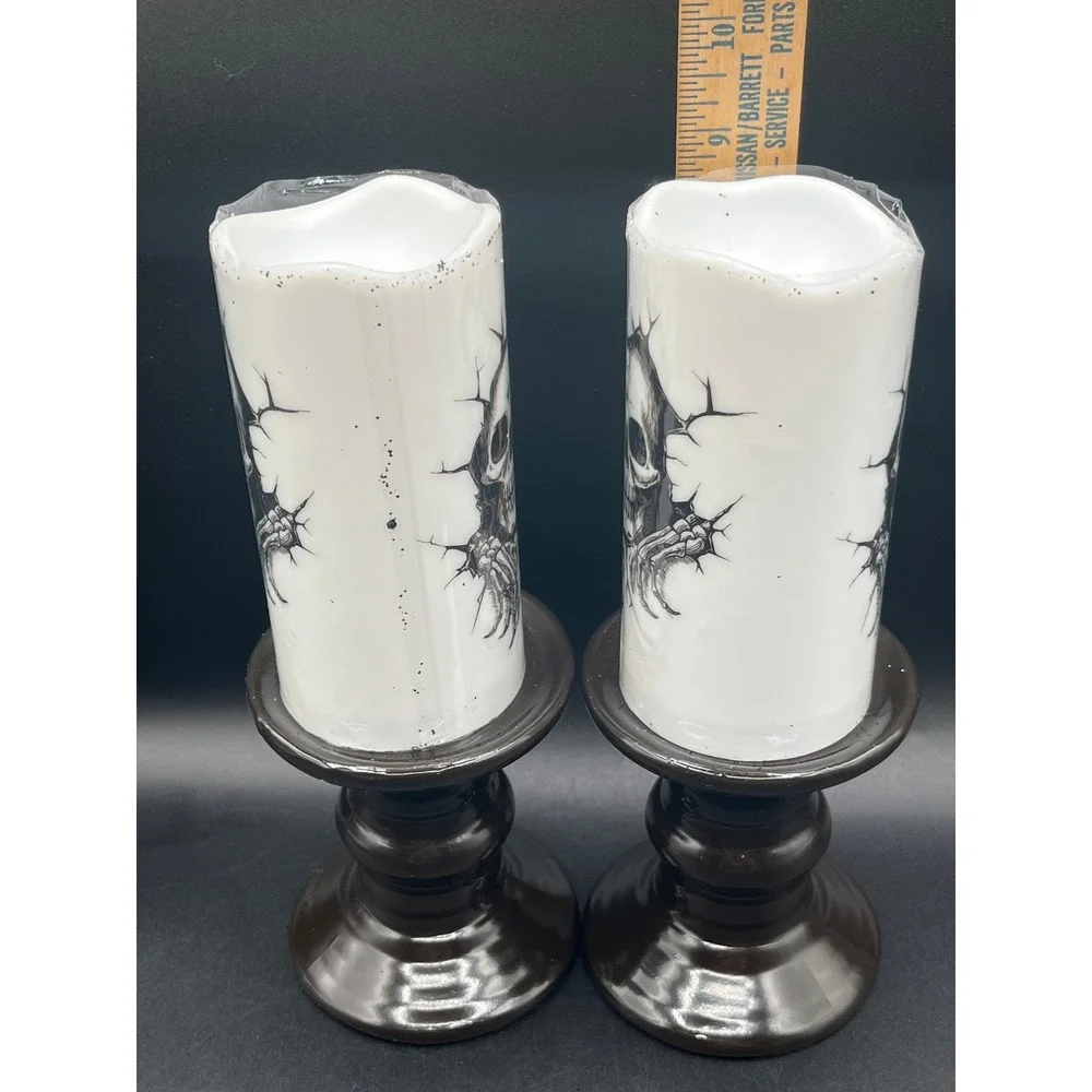Skull Flameless LED Pillar Candles with Pedestal Bases Set of 2 Halloween Decor